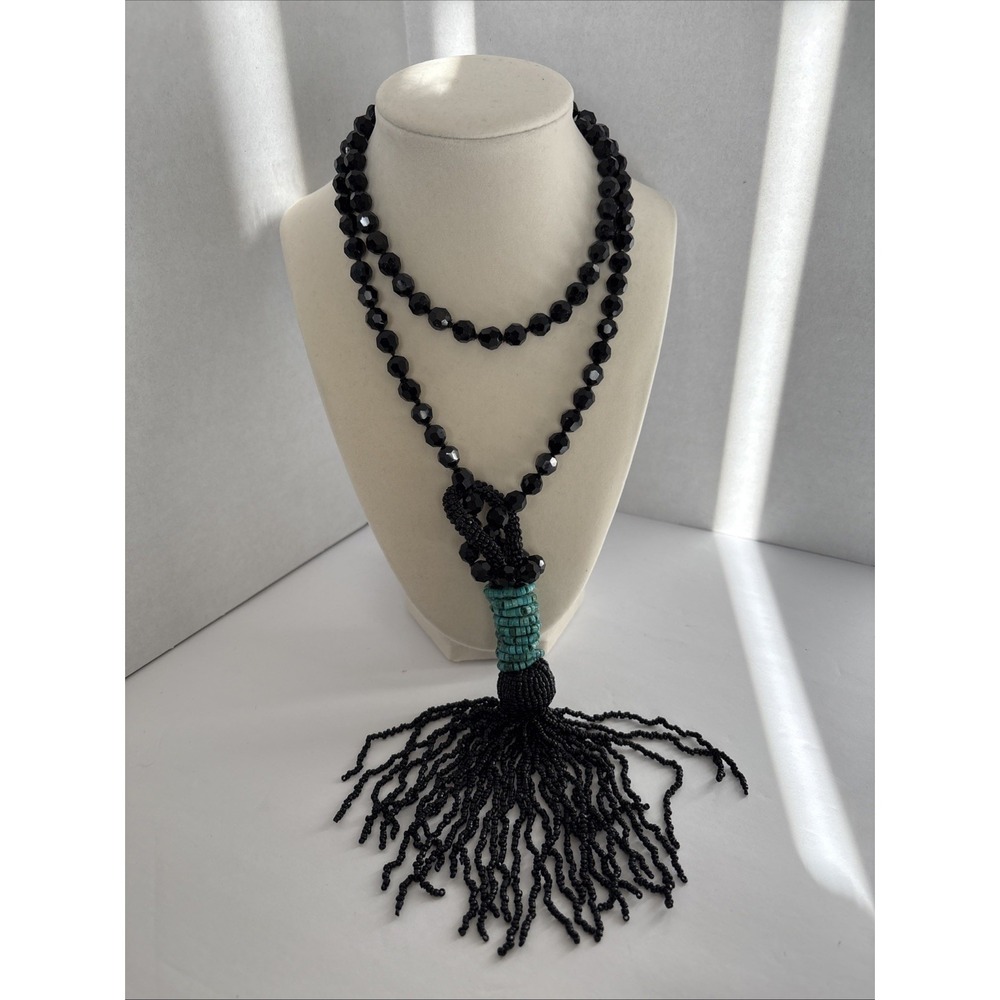 Victorian Jet Black Faceted Beaded Mourning Necklace with Turquoise Accent
